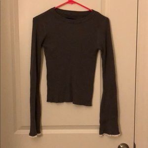 gray striped long sleeve shirt with flowy arms